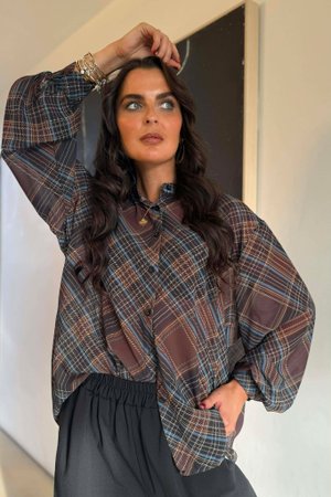 Ainsley Plaid Chiffon Blouse Chocolate